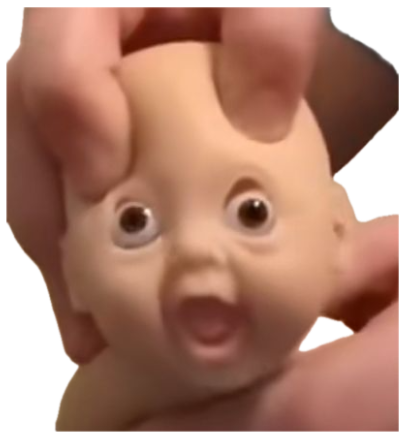 A hand squeezing a baby doll's head, its googly eyes and open mouth locked in shock sticker