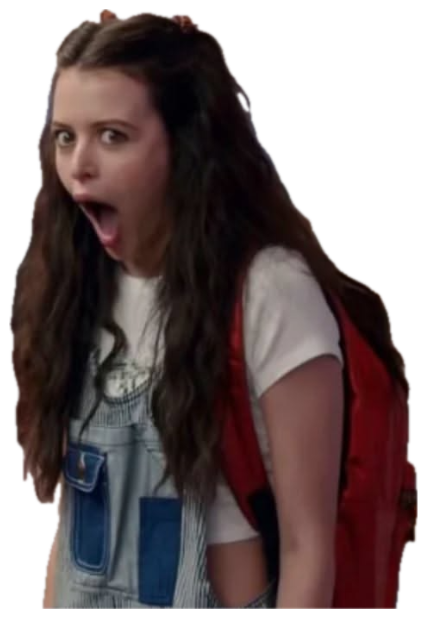Girl in overalls in a school hallway gasping with a dropped jaw sticker