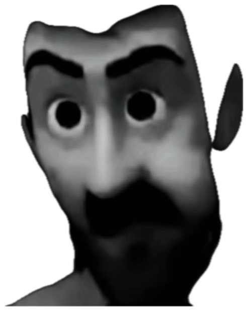 Creepy low-res 3D mustached man staring blankly into the dark with hollow eyes sticker