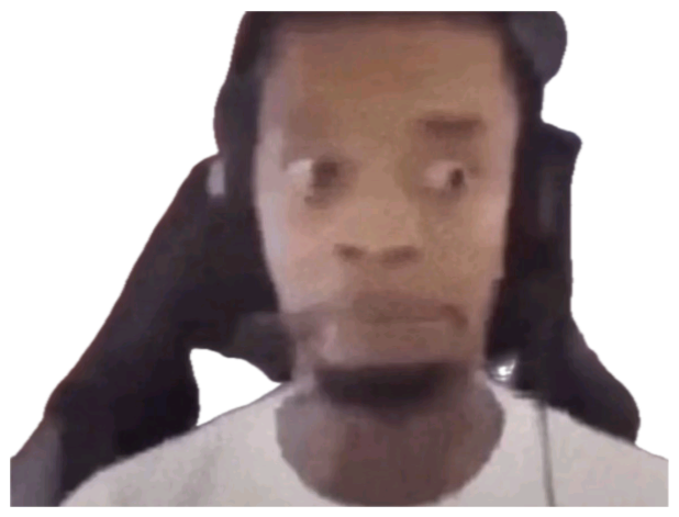 Gamer in a white tee with wide, unsettling eyes staring straight into the camera sticker