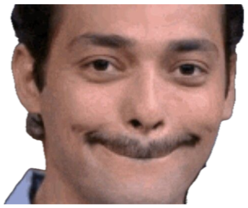 Man with a curled mustache holding back a smug, tight-lipped smirk sticker