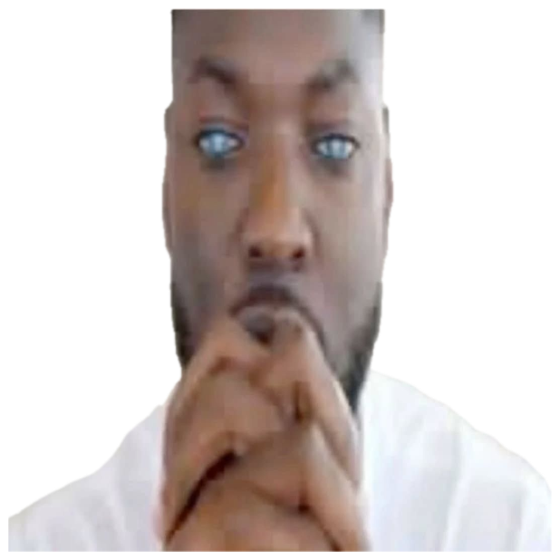 Man with edited all-white irises staring forward intensely with hands clasped under his chin sticker