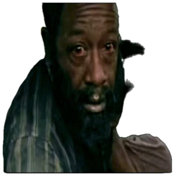 Older bearded man in a car with red, teary eyes and a heartbroken stare sticker