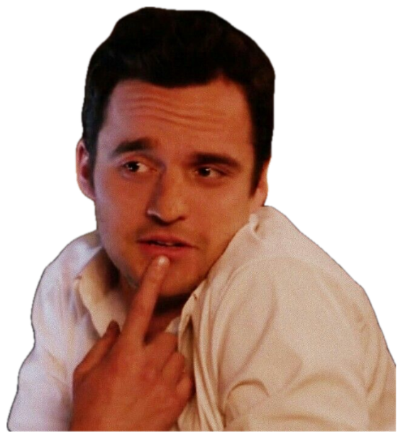 Man in a white shirt resting his finger on his lip with a calculating sideways glance sticker