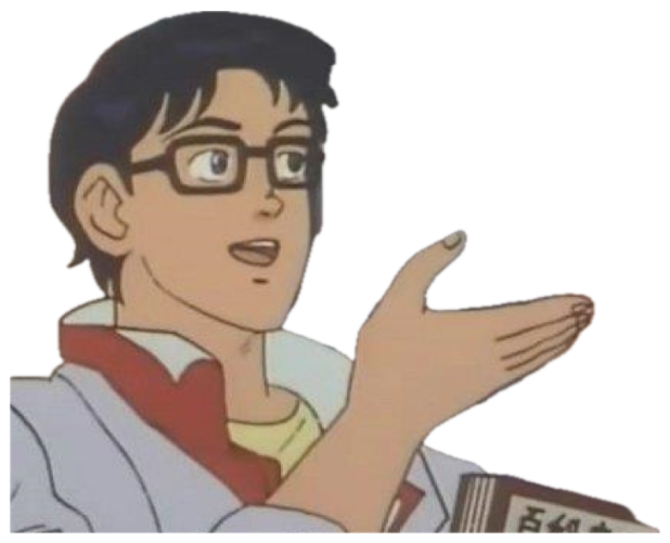 Anime man in glasses gesturing at a butterfly, from the 'is this a pigeon' meme sticker