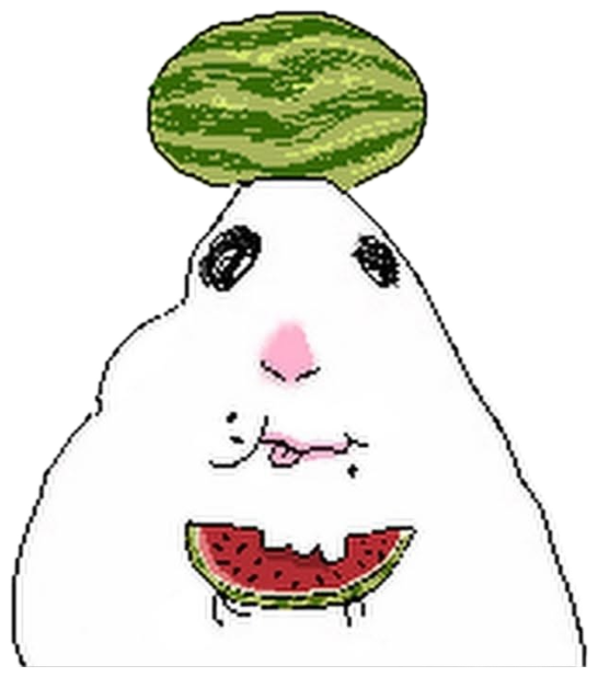 Derpy white blob character with a watermelon on its head holding a slice sticker