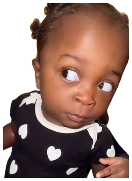 Baby in a heart-print onesie cutting a slow, suspicious side-eye sticker