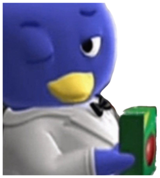 Pablo the Backyardigans penguin side-eyeing something very hard while holding a present sticker