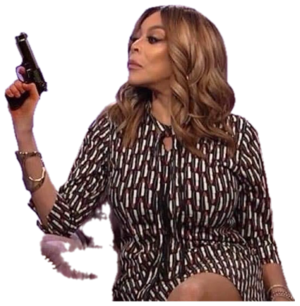 Talk-show host lounging in a chair casually holding up a handgun with a bored side glance sticker