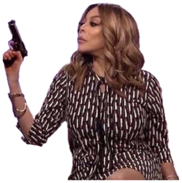 Woman on a TV set casually holding a handgun with a bored expression sticker