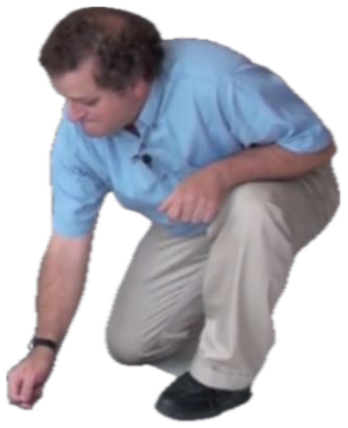 Man kneeling to topple a row of blocks that grow from tiny to enormous sticker