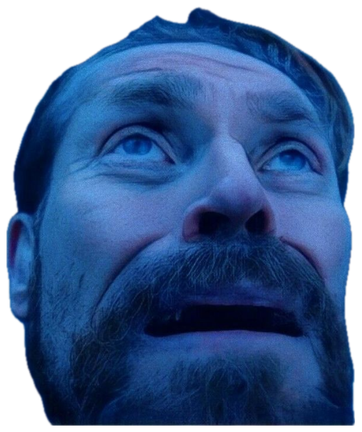 Man gazing upward in awe with wide eyes, bathed in intense blue light sticker