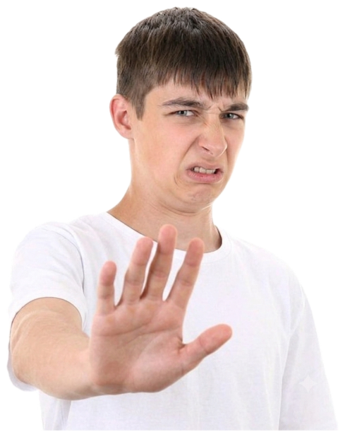 Young man holding up a hand to say stop with a disgusted grimace sticker