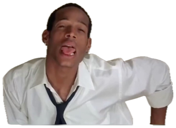 Man in a white shirt and tie leaning back with his tongue out and a wild expression sticker