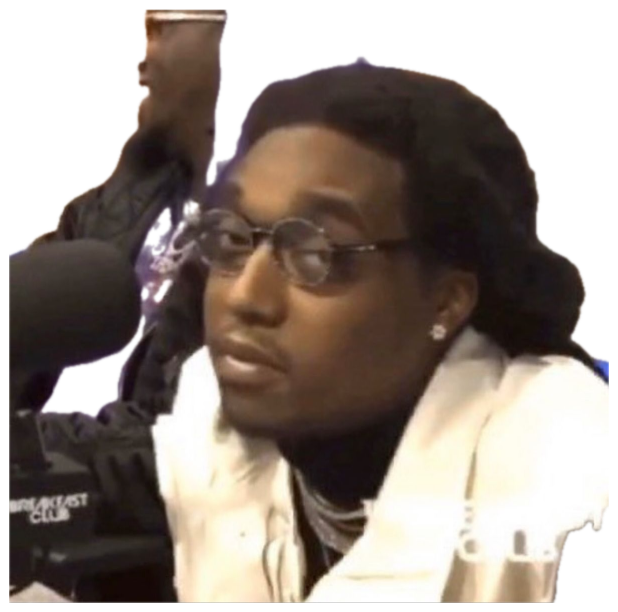 Man in round glasses at a radio mic giving a flat, unbothered side-eye sticker