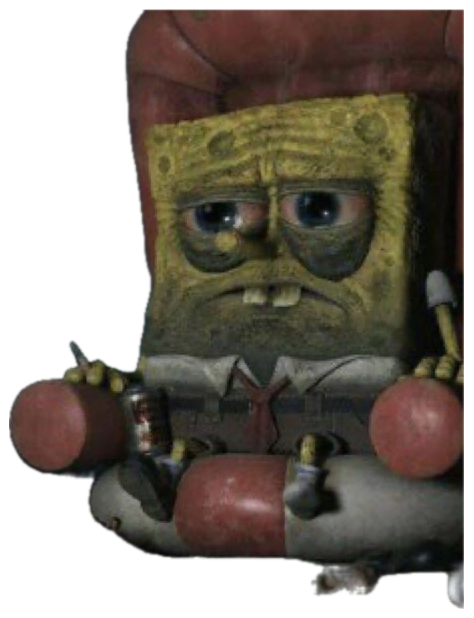 Grimy realistic SpongeBob slumped among cans looking utterly depleted and done sticker