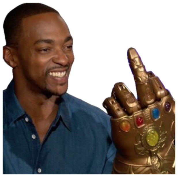 Anthony Mackie grinning ear to ear while trying on the Infinity Gauntlet at an Avengers interview sticker