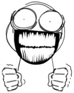 Crude doodle face with huge eyes, a jagged manic grin, and clenched shaking fists sticker