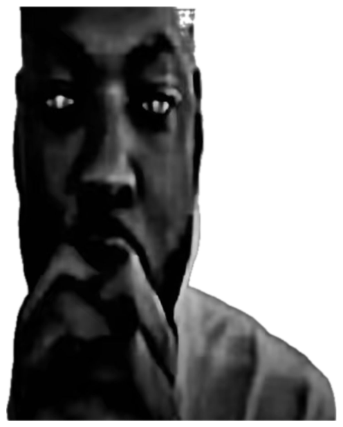 Grainy black-and-white shot of a man staring intensely, eyes catching the light sticker