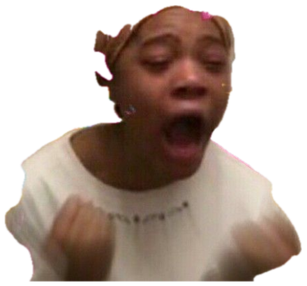 Person screaming with mouth wide open, surrounded by an explosion of colorful heart and emoji confetti sticker