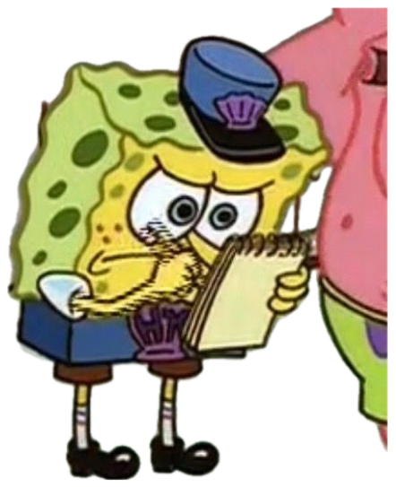 SpongeBob with a fake mustache and hat nervously jotting notes on a pad sticker