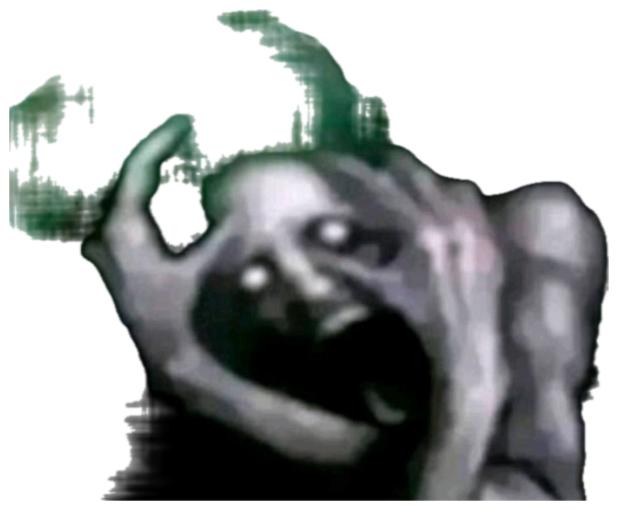 Grainy dark image of a ghoulish figure with hollow white eyes and a screaming face sticker