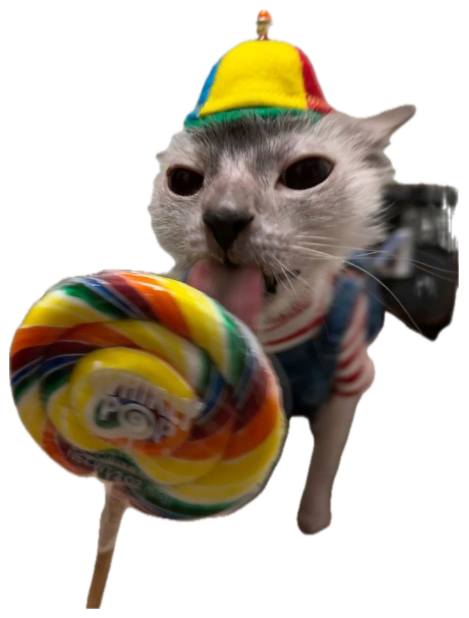 Gray cat in a propeller beanie and overalls costume licking a giant rainbow lollipop sticker