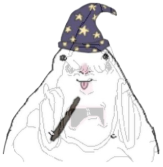 Faded blob doodle in a starry wizard hat holding a twig like a wand, tongue out sticker
