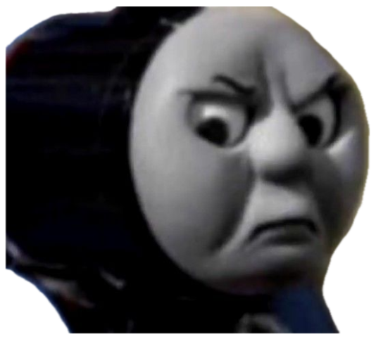 Thomas the Tank Engine up close with a deeply furious, scowling expression sticker