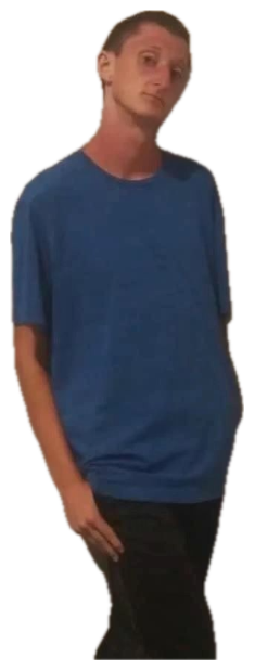 Thin man in a blue shirt leaning into a wall corner with a flat, awkward stare sticker