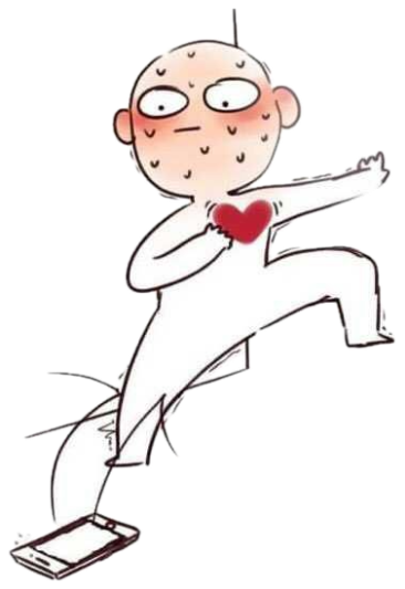 Sweaty cartoon figure running away clutching a heart, question marks all around, phone dropped behind sticker