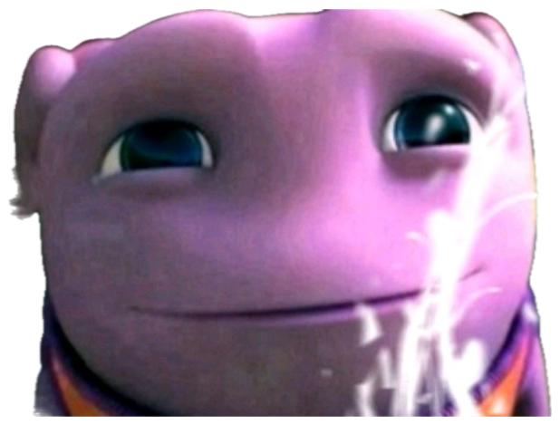 Purple alien grinning slyly to himself with sparkles drifting past sticker