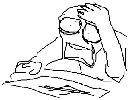 Stick figure slumped at a desk gripping their head in utter despair over a computer sticker