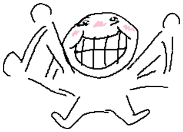 Crude stick-figure doodle with a giant blushing grin, arms flailing everywhere sticker
