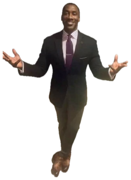 Tall man in a suit spreading his arms wide with a big grin, as if saying 'ta-da' sticker