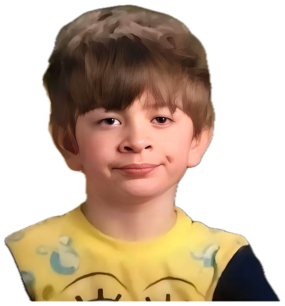 Young kid with a knowing smirk in an oil-painting style school photo, wearing a yellow SpongeBob shirt sticker