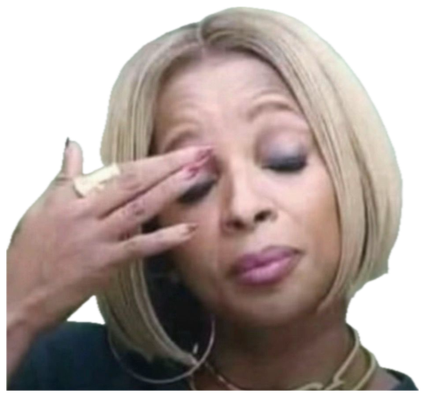 Woman with a blonde bob pressing her fingers to her eye, looking exhausted and let down sticker