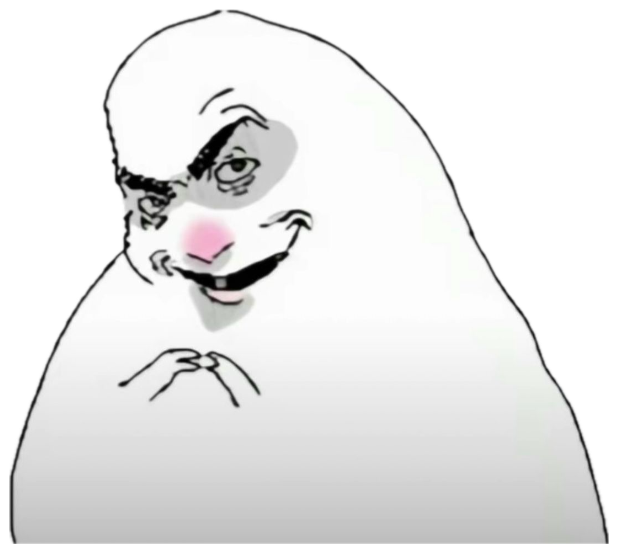 Cartoon blob character with one raised eyebrow and a sly half-smile, scheming quietly sticker