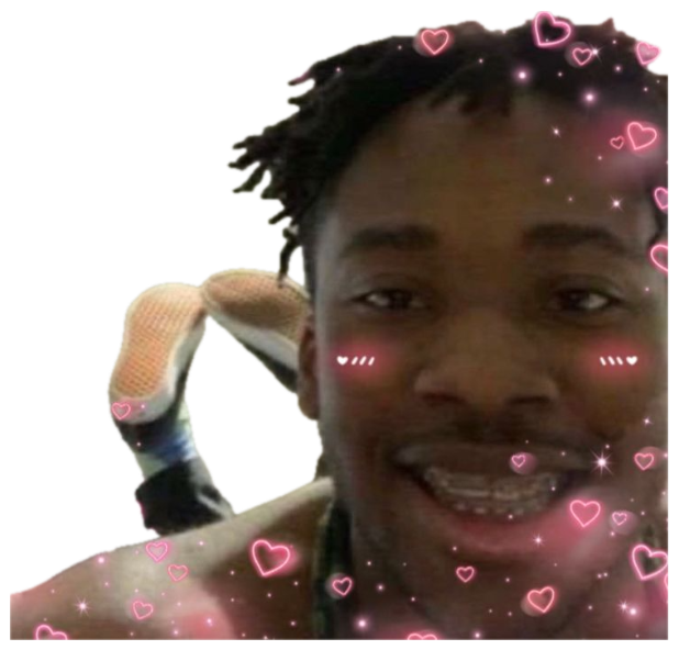 Guy with braces beaming through a pink hearts-and-blush filter sticker