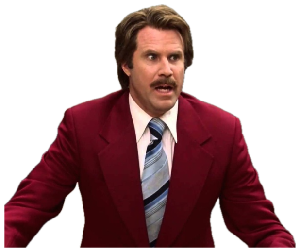 Will Ferrell as Ron Burgundy in a red suit with wide startled eyes and an open mouth sticker