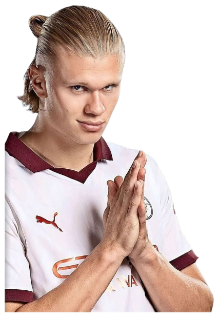 Erling Haaland in a white kit pressing his palms together with a smug little smirk sticker