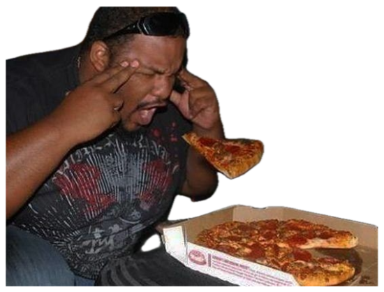 Man pressing both index fingers to his temples with eyes wide open eating pizza in a revelation moment sticker