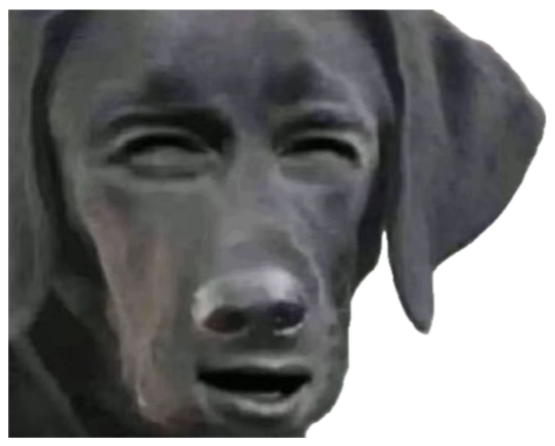 A cursed dog with a human face photoshopped on, wincing awkwardly sticker