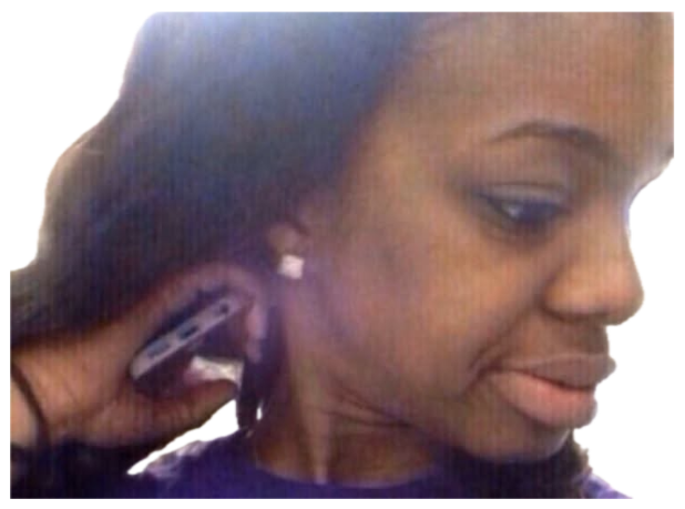 Girl with a phone wedged behind her ear looking completely unbothered sticker