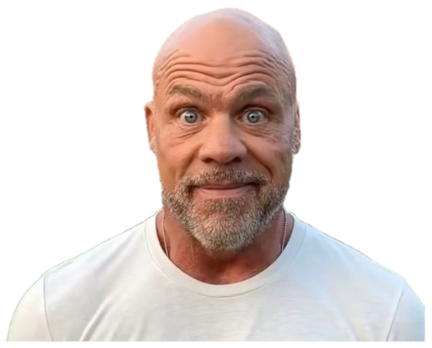 Bald muscular man in a white tee making a wide-eyed, startled awkward face outside a house sticker