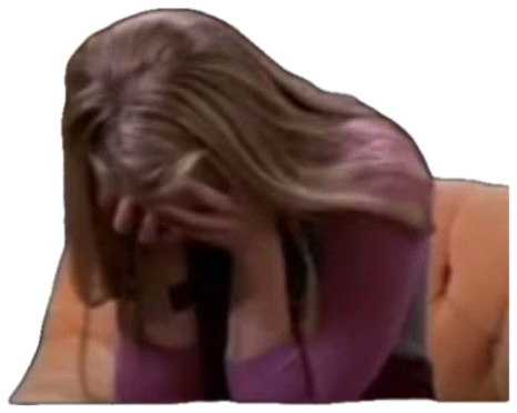 Woman in pink slumped over with her face buried in her hand, clearly defeated sticker
