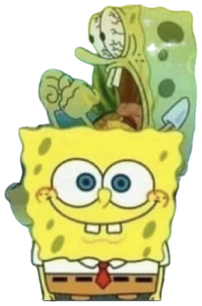SpongeBob smiling calmly in front of a crowd of screaming panicked fish sticker