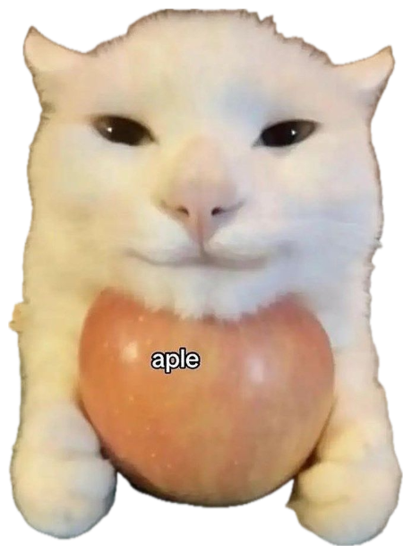 White cat sitting smugly behind an apple with the misspelled caption 'aple' sticker