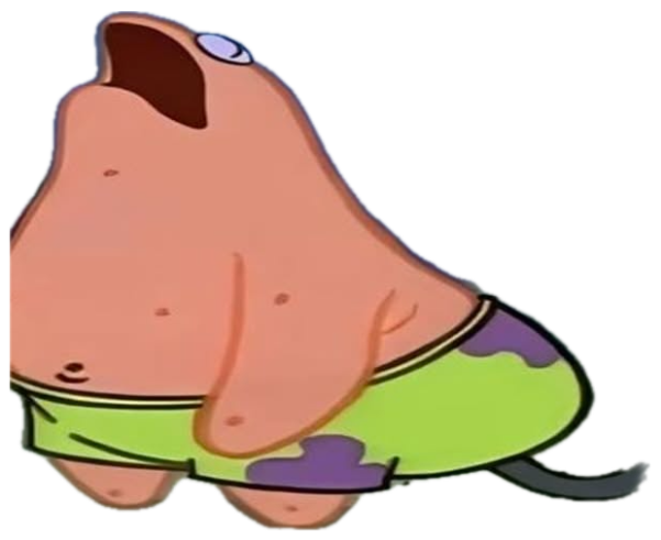 Patrick Star screaming with one eye open, cowering next to a fishing hook sticker