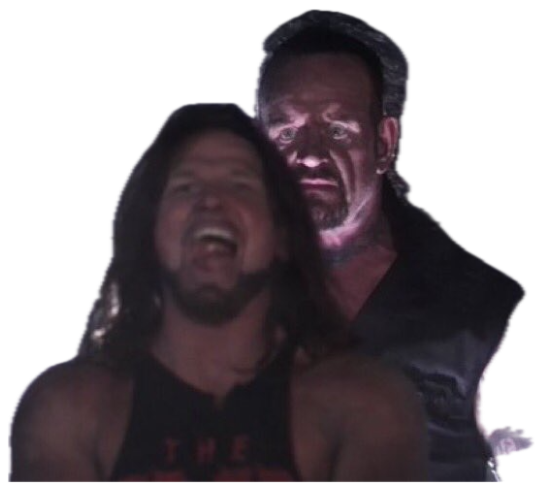 Wrestler laughing while a menacing figure looms behind him in the smoky dark sticker